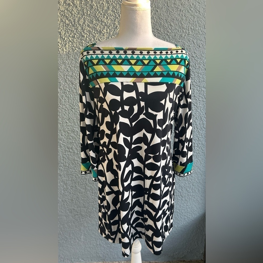 Alfani Floral Geometric Pattern 3/4 Sleeves Dress Popover Stretchy Size Medium